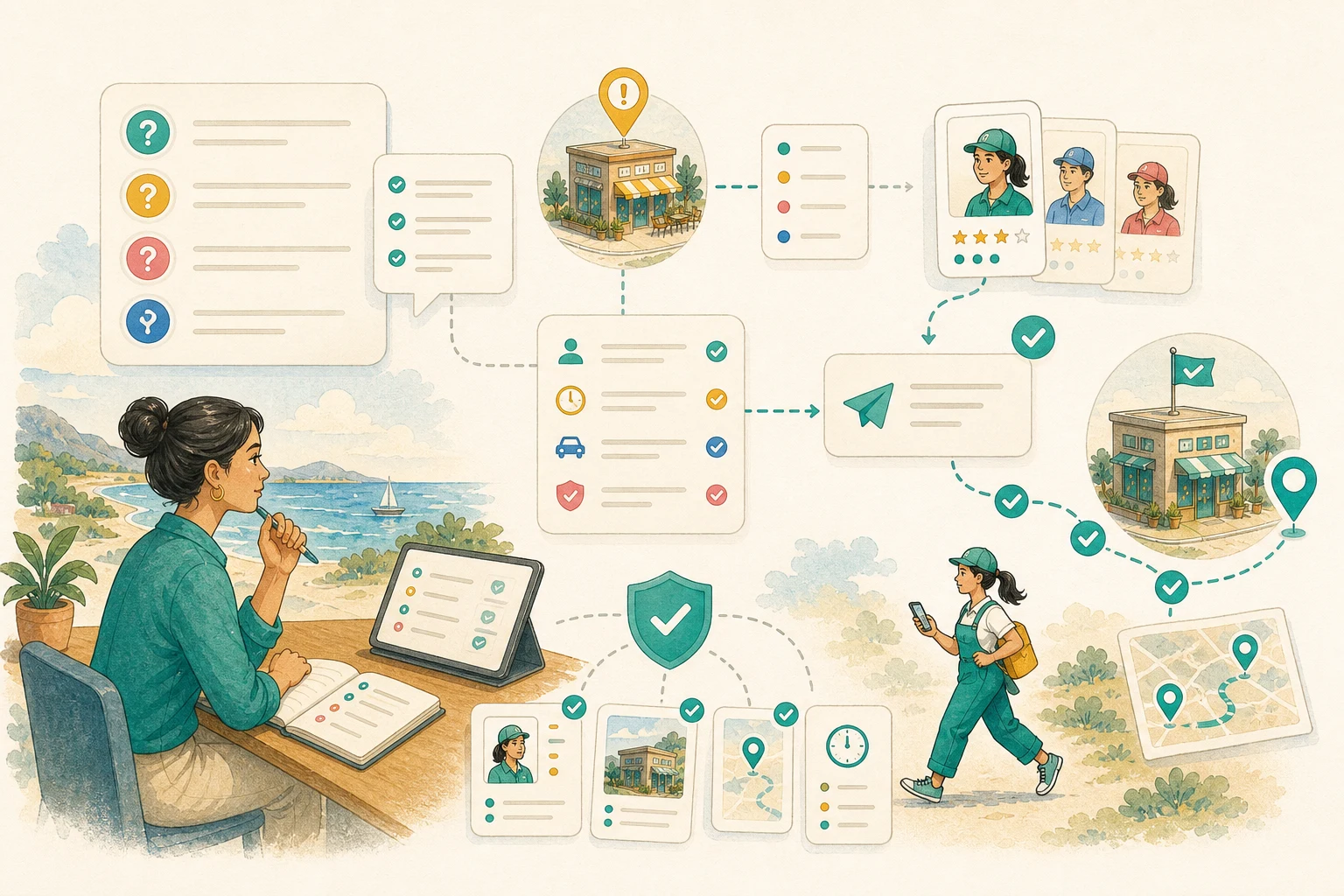 Ilustración de Workee con señales de disponibilidad, ranking IA y evidencia